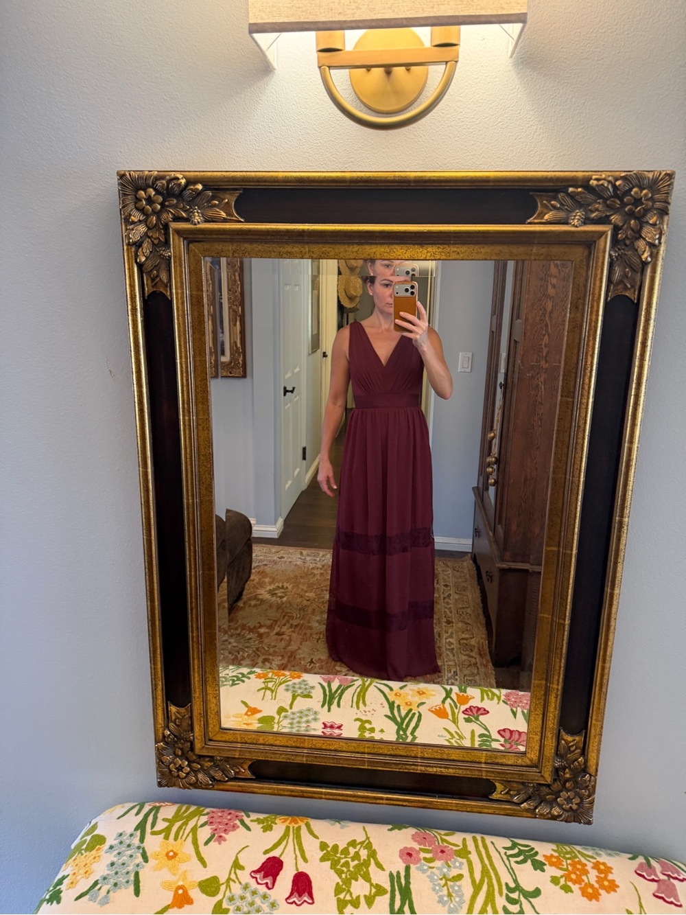 David's Bridal Burgundy V-Neck Lace Inset Maxi Dress